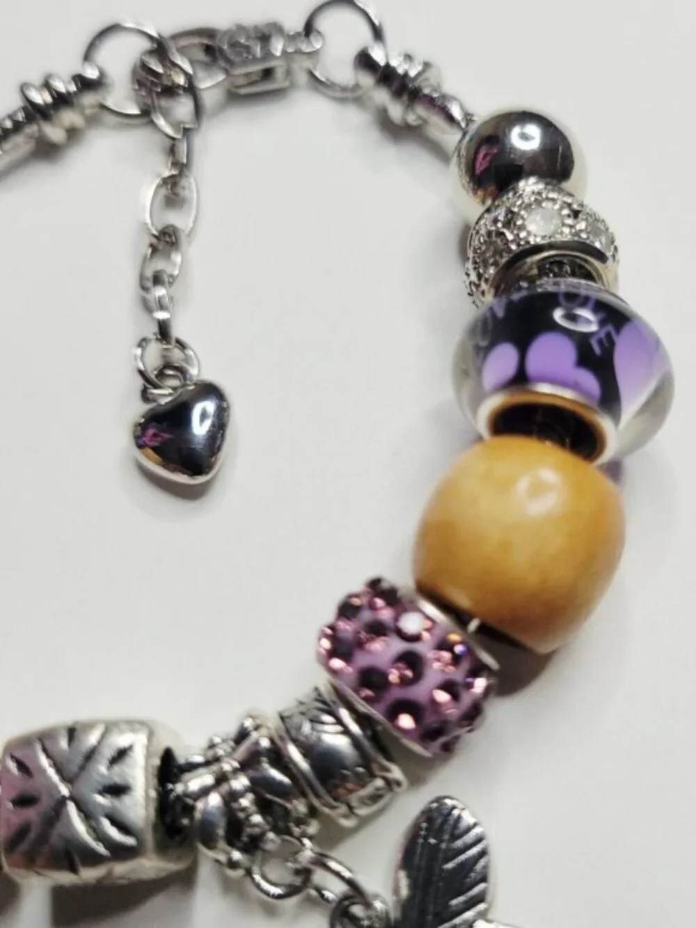 NWT Crown Princess Pandora Style Charm Bracelet Purple Rhinestones Wood Beads